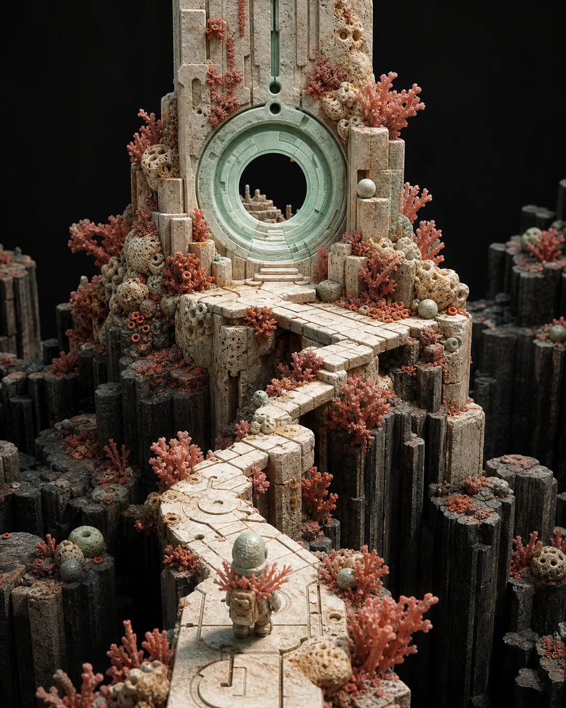 A tiny explorer follows a pale stone bridge toward a circular portal.