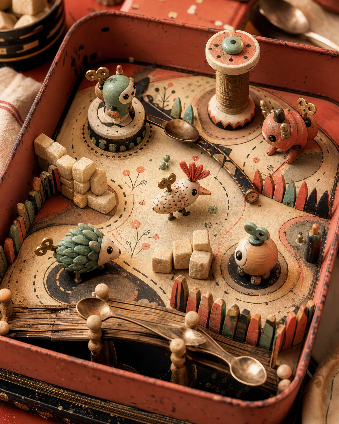 Wind-up creatures move through a miniature tabletop strategy arena.