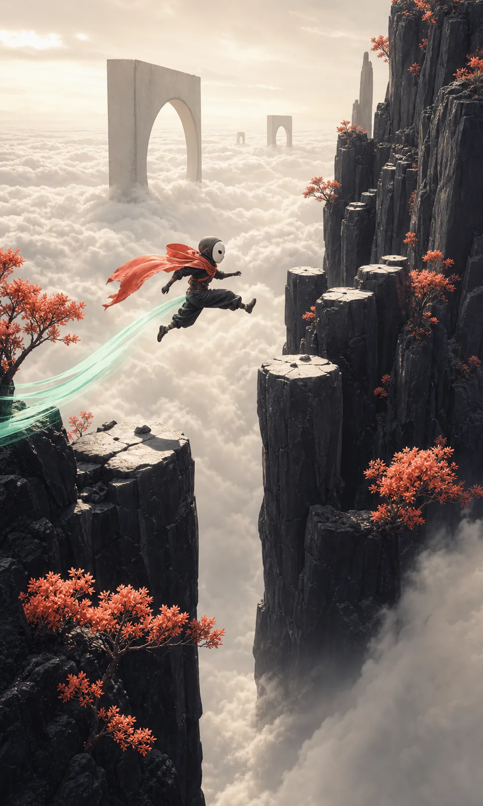 A masked runner leaps between black rock pillars above the clouds.